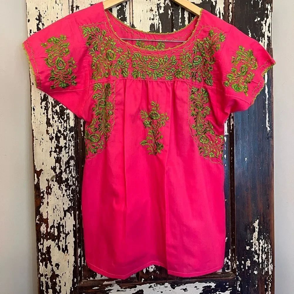 Women’s Handmade embroidered pink and green Boho Blouse. Size XS-S.